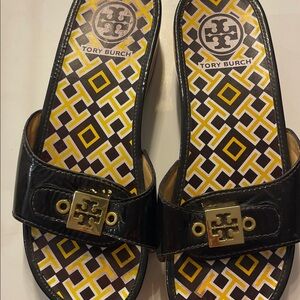 Tory Burch Black and Gold Slide Sandals